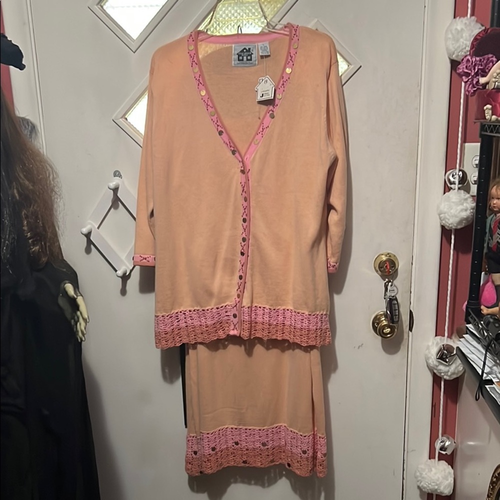 Size large Storybook Knits Peach and Pink Cardigan and Skirt Set NWT